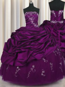 Purple Taffeta Lace Up Strapless Sleeveless Floor Length Sweet 16 Dresses Beading and Embroidery and Pick Ups