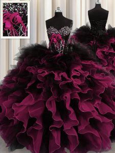 Edgy Sweetheart Sleeveless Lace Up Sweet 16 Dress Red And Black Organza and Tulle