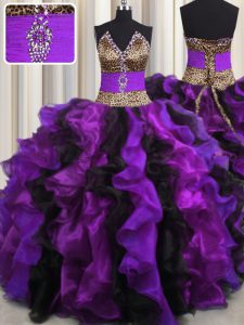 Leopard Multi-color 15th Birthday Dress Military Ball and Sweet 16 and Quinceanera and For with Beading and Ruffles V-neck Sleeveless Lace Up