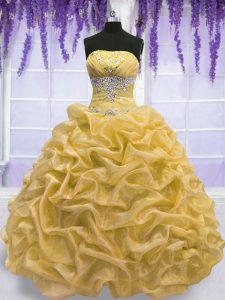 Gold Organza Lace Up Strapless Sleeveless Floor Length Sweet 16 Dresses Beading