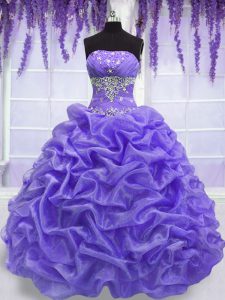 Sophisticated Lavender Ball Gowns Organza Strapless Sleeveless Beading Floor Length Lace Up Quinceanera Gowns