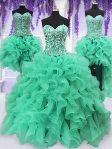 Four Piece Turquoise Sweetheart Lace Up Ruffles and Sequins Quince Ball Gowns Sleeveless