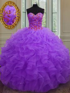 Low Price Floor Length Purple Quinceanera Dress Organza Sleeveless Beading and Ruffles