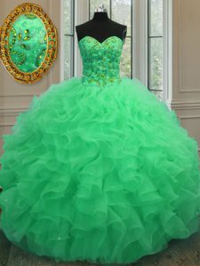 Super Floor Length Lace Up 15 Quinceanera Dress Green for Military Ball and Sweet 16 and Quinceanera with Beading and Ruffles