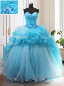 Baby Blue Organza Lace Up Sweetheart Sleeveless Quinceanera Dresses Sweep Train Beading and Ruffled Layers