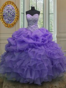 Lovely Lavender Ball Gowns Sweetheart Sleeveless Organza Floor Length Lace Up Beading and Ruffles and Pick Ups Quinceanera Gowns