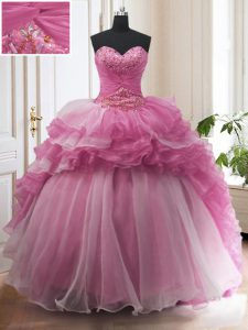 With Train Lace Up 15th Birthday Dress Rose Pink for Military Ball and Sweet 16 and Quinceanera with Beading and Ruffled Layers Sweep Train