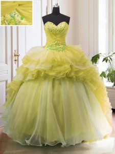 Glamorous Light Yellow Sweetheart Neckline Beading and Ruffled Layers Sweet 16 Dresses Sleeveless Lace Up