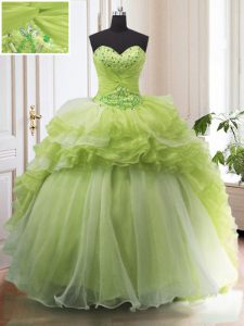 Sleeveless Sweep Train Beading and Ruffled Layers Lace Up Vestidos de Quinceanera