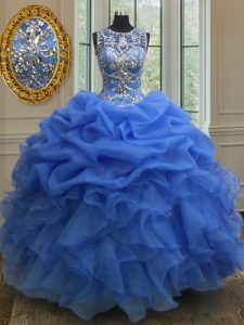 Scoop Blue Ball Gowns Beading and Ruffles Quinceanera Gown Lace Up Organza Sleeveless Floor Length