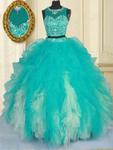 Enchanting Turquoise Tulle Zipper Scoop Sleeveless Floor Length Sweet 16 Quinceanera Dress Beading and Ruffles