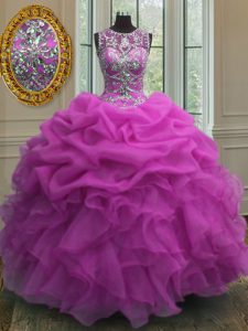 Extravagant Organza Scoop Sleeveless Lace Up Beading and Ruffles and Pick Ups Sweet 16 Quinceanera Dress in Fuchsia