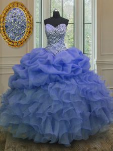 Superior Floor Length Blue Ball Gown Prom Dress Organza Sleeveless Beading and Ruffles and Pick Ups