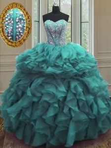 Dynamic Turquoise Organza Lace Up Vestidos de Quinceanera Sleeveless Floor Length Beading and Ruffles