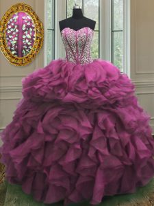Hot Sale Fuchsia Sleeveless Floor Length Beading and Ruffles Lace Up Sweet 16 Dresses