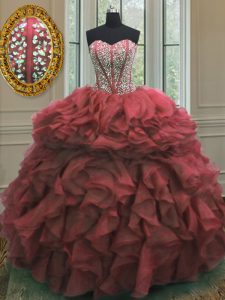 Pink Ball Gowns Sweetheart Sleeveless Organza Floor Length Lace Up Beading and Ruffles 15 Quinceanera Dress