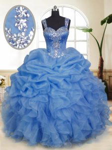 Blue Organza Zipper Quinceanera Gowns Sleeveless Floor Length Beading and Ruffles and Pick Ups