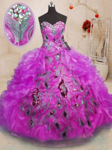 Sleeveless Floor Length Beading and Appliques and Ruffles Zipper 15 Quinceanera Dress with Purple