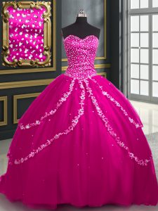 Graceful Sleeveless With Train Beading and Appliques Lace Up Sweet 16 Dress with Fuchsia Brush Train
