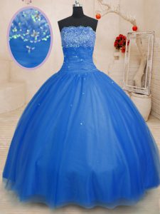 Blue Ball Gowns Tulle Strapless Sleeveless Beading Floor Length Lace Up Ball Gown Prom Dress