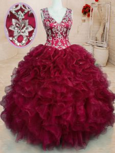 Ideal Wine Red Vestidos de Quinceanera Military Ball and Sweet 16 and Quinceanera and For with Beading and Embroidery and Ruffles V-neck Sleeveless Zipper