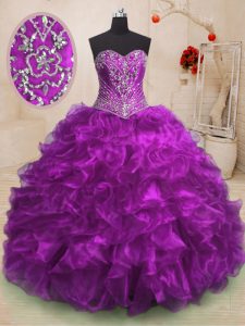 Purple Ball Gowns Sweetheart Sleeveless Organza With Train Sweep Train Lace Up Beading and Ruffles Quinceanera Dresses