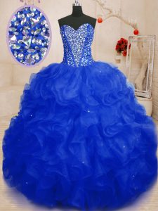 Flare Sweetheart Sleeveless Quinceanera Dresses Floor Length Beading and Ruffles Royal Blue Organza