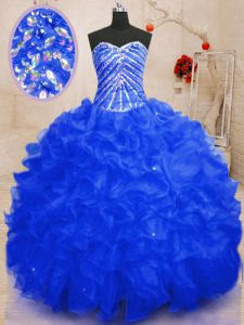 Luxurious Royal Blue Ball Gowns Organza Sweetheart Sleeveless Beading and Ruffles and Sequins Floor Length Lace Up Quinceanera Gowns