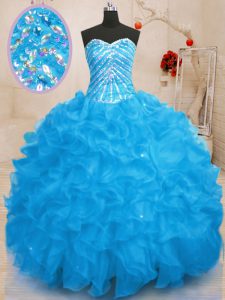 New Arrival Floor Length Lace Up Quinceanera Gown Baby Blue for Military Ball and Sweet 16 and Quinceanera with Beading and Ruffles and Sequins