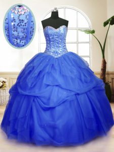 Modest Tulle Sweetheart Sleeveless Lace Up Sequins and Pick Ups Ball Gown Prom Dress in Blue