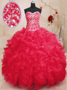 Floor Length Coral Red Quinceanera Dress Organza Sleeveless Beading and Ruffles and Sequins