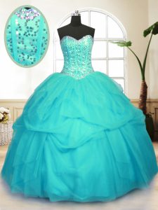 Beauteous Sequins Pick Ups Sweetheart Sleeveless Lace Up Quince Ball Gowns Aqua Blue Tulle