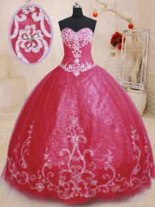 Beading and Embroidery 15th Birthday Dress Red Lace Up Sleeveless Floor Length