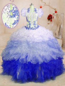 Graceful Multi-color Lace Up Sweetheart Beading and Appliques and Ruffles Dama Dress for Quinceanera Organza Sleeveless Brush Train
