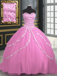Rose Pink Sleeveless With Train Beading and Appliques Lace Up Quinceanera Dresses