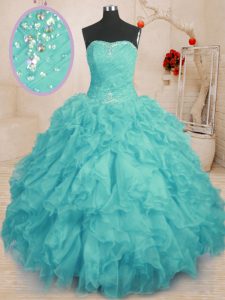 Ideal Aqua Blue Lace Up 15th Birthday Dress Beading and Ruffles Sleeveless Floor Length