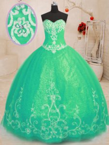 Glamorous Turquoise Ball Gowns Beading and Embroidery Quinceanera Dress Lace Up Tulle Sleeveless Floor Length