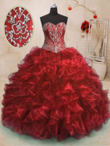 Wine Red Ball Gowns Beading and Ruffles Ball Gown Prom Dress Lace Up Organza Sleeveless With Train