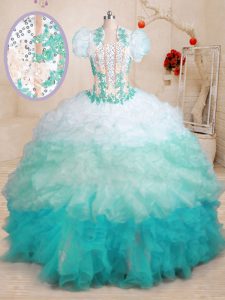 Sleeveless With Train Beading and Appliques and Ruffles Lace Up Vestidos de Quinceanera with Multi-color Brush Train