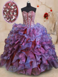 Multi-color Ball Gowns Sweetheart Sleeveless Organza Floor Length Lace Up Beading and Ruffles Quinceanera Dress