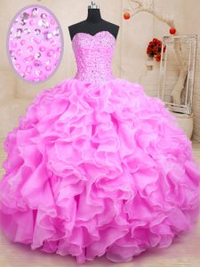 Fine Rose Pink Lace Up 15th Birthday Dress Beading and Ruffles Sleeveless Floor Length