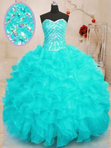 Custom Designed Sleeveless Floor Length Beading and Ruffles and Sequins Lace Up 15th Birthday Dress with Aqua Blue