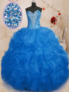 High Quality Blue Ball Gowns Beading and Ruffles Quinceanera Gowns Lace Up Organza Sleeveless Floor Length