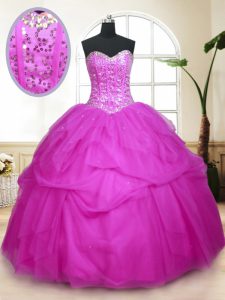 Fabulous Sleeveless Tulle Floor Length Lace Up Quinceanera Gown in Fuchsia with Sequins and Pick Ups