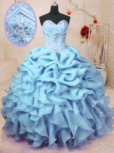 Floor Length Lace Up 15th Birthday Dress Baby Blue for Military Ball and Sweet 16 and Quinceanera with Beading and Ruffles and Pick Ups
