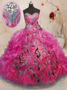 Exquisite Hot Pink Ball Gowns Beading and Appliques and Ruffles Quinceanera Dress Lace Up Organza Sleeveless Floor Length