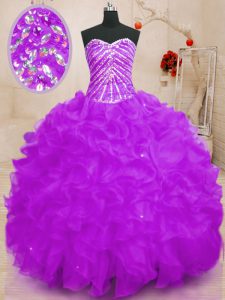 Unique Purple Sleeveless Beading and Ruffles and Sequins Floor Length Quinceanera Gowns