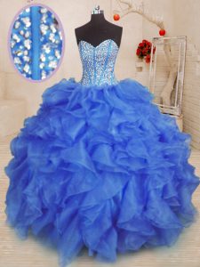 Royal Blue Lace Up Quinceanera Gowns Beading and Ruffles Sleeveless Floor Length
