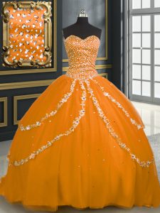 Exquisite Orange Sweet 16 Quinceanera Dress Military Ball and Sweet 16 and Quinceanera and For with Beading and Appliques Sweetheart Sleeveless Brush Train Lace Up