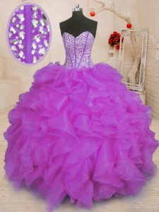 Customized Purple Lace Up Sweetheart Beading and Ruffles 15th Birthday Dress Organza Sleeveless